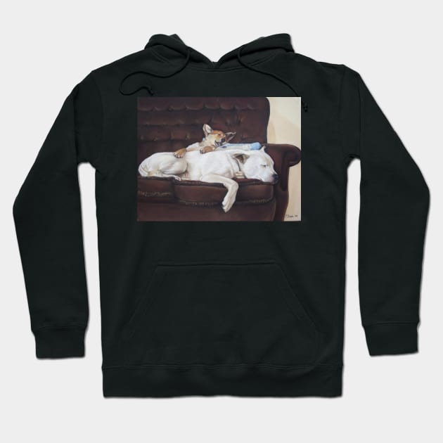 cute puppy sleeping with white american bulldog Hoodie by pollywolly